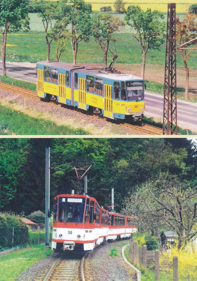 Postkarte: Gotha Regionallinie 4 Thüringerwaldbahn mit Gelenkwagen 303 nahe bei Wahlwinkel - Friedrichroda (1999-2003)