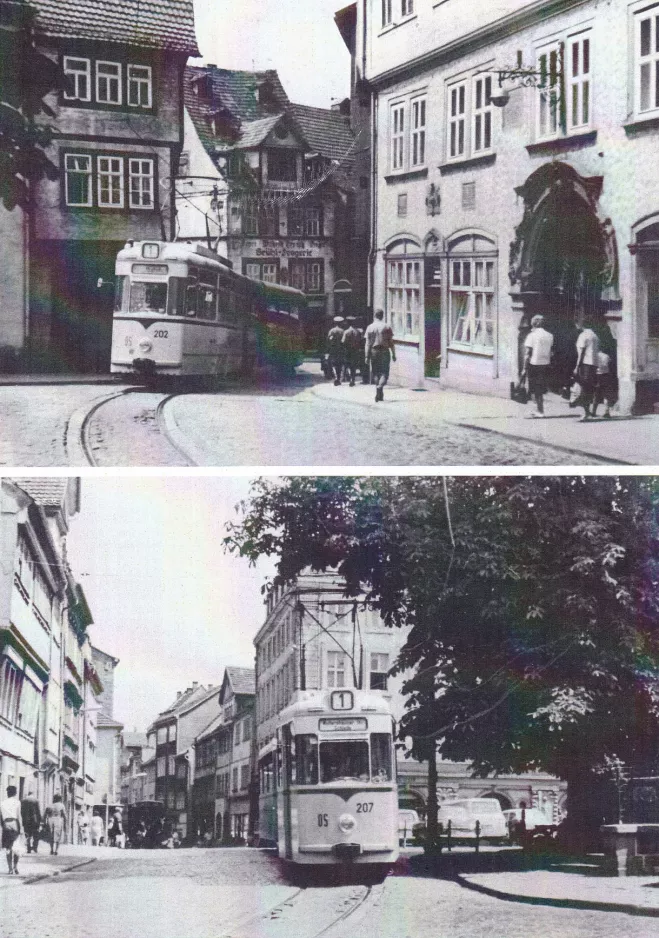 Postkarte: Gotha Straßenbahnlinie 1 mit Gelenkwagen 202 auf Hauptmarkt (1967)