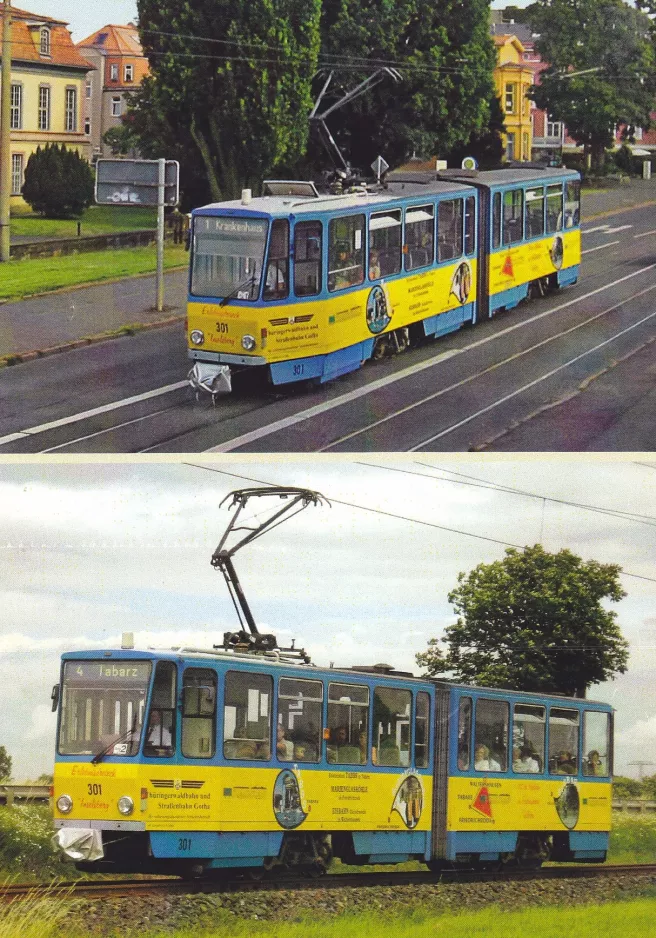 Postkarte: Gotha Straßenbahnlinie 1 mit Gelenkwagen 301 am Orangerie (2007-2009)