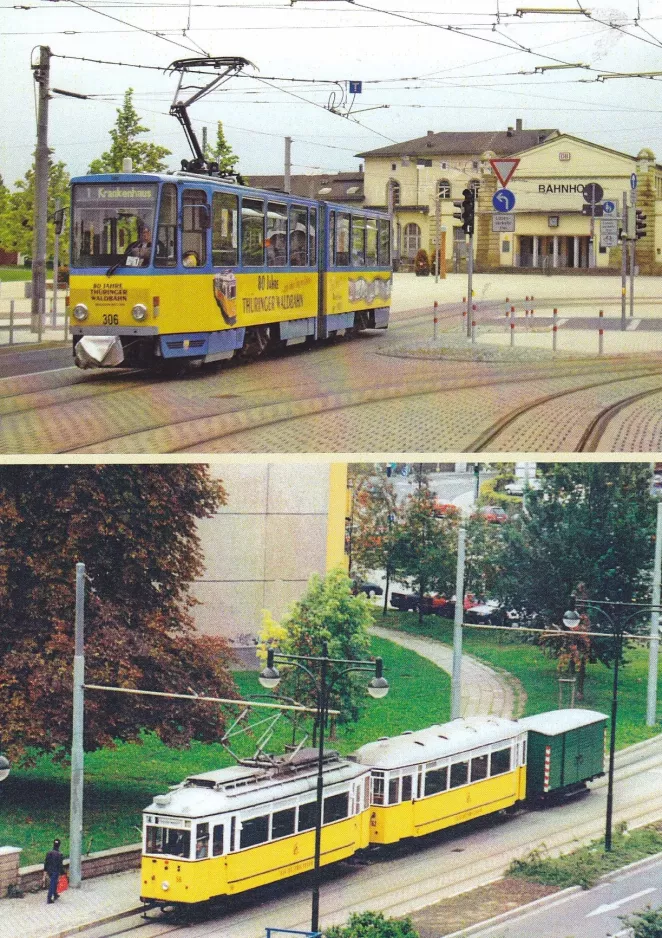 Postkarte: Gotha Straßenbahnlinie 1 mit Gelenkwagen 306 nahe bei Hauptbahnhof (2002-2009)