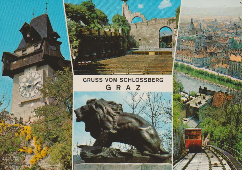 Postkarte: Graz Schloßbergbahn mit Kabelstraßenbahn 2 auf Schloßbergbahn (1970)