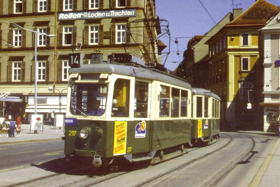 Postkarte: Graz Zusätzliche Linie 14 mit Triebwagen 217 am Hauptbrücke (1987)