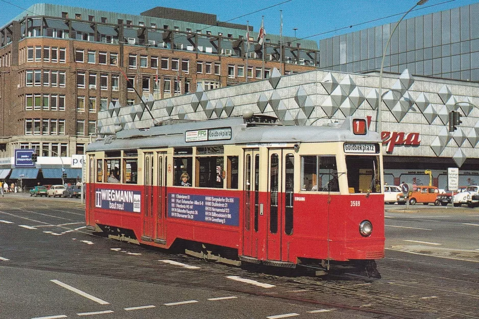 Postkarte: Hamburg Straßenbahnlinie 1 mit Triebwagen 3569 nahe bei Hauptbahnhof (1976)