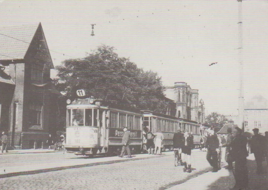 Postkarte: Hannover Straßenbahnlinie 11 mit Triebwagen 102 am Hildesheim Hauptbahnhof (1946)
