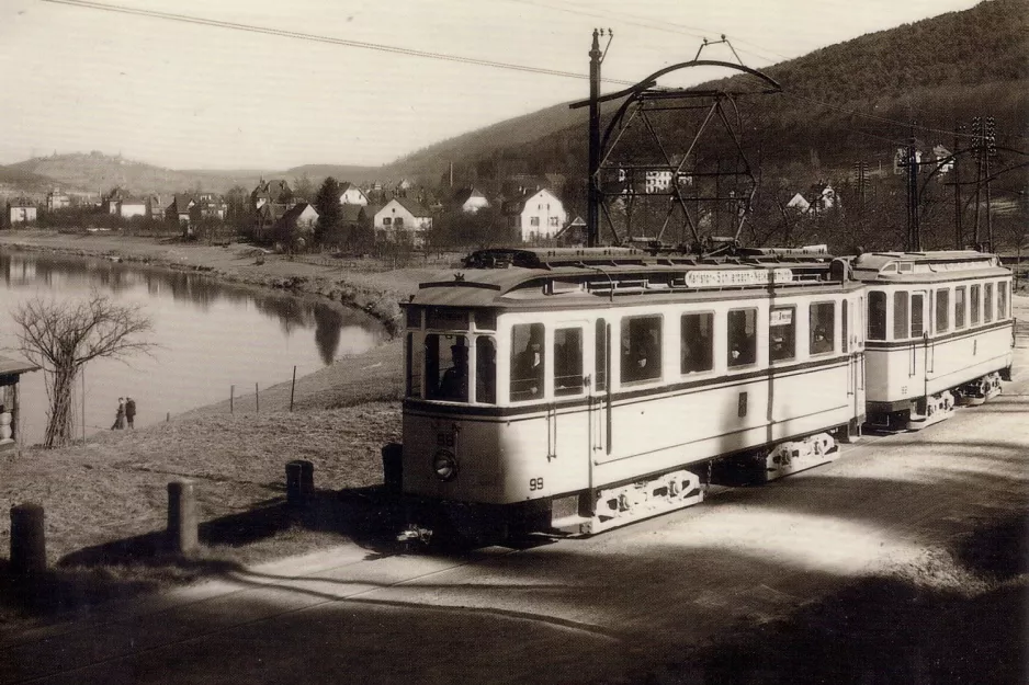 Postkarte: Heidelberg Straßenbahnlinie 5 mit Triebwagen 99 nahe bei Kümmelbacher Hof (1928)