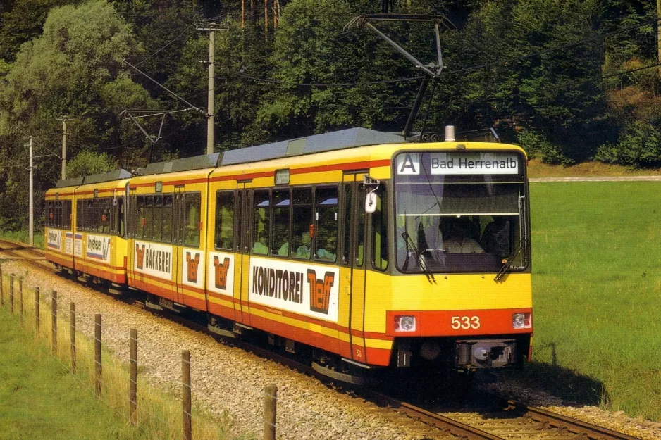 Postkarte: Karlsruhe Regionallinie S1 mit Gelenkwagen 533 nahe bei Bad Herrenalb (1988)