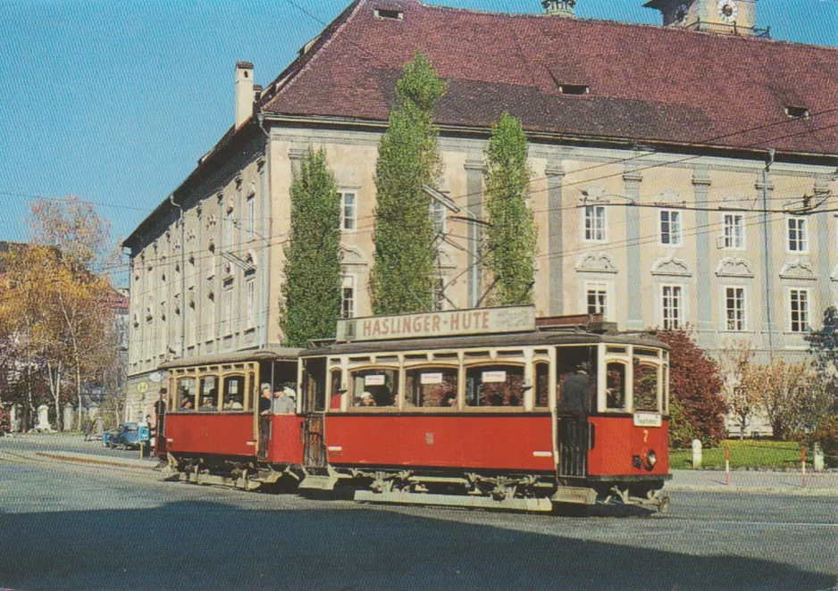 Postkarte: Klagenfurt Straßenbahnlinie A mit Triebwagen 7 auf Heiligengeistplatz (1959)