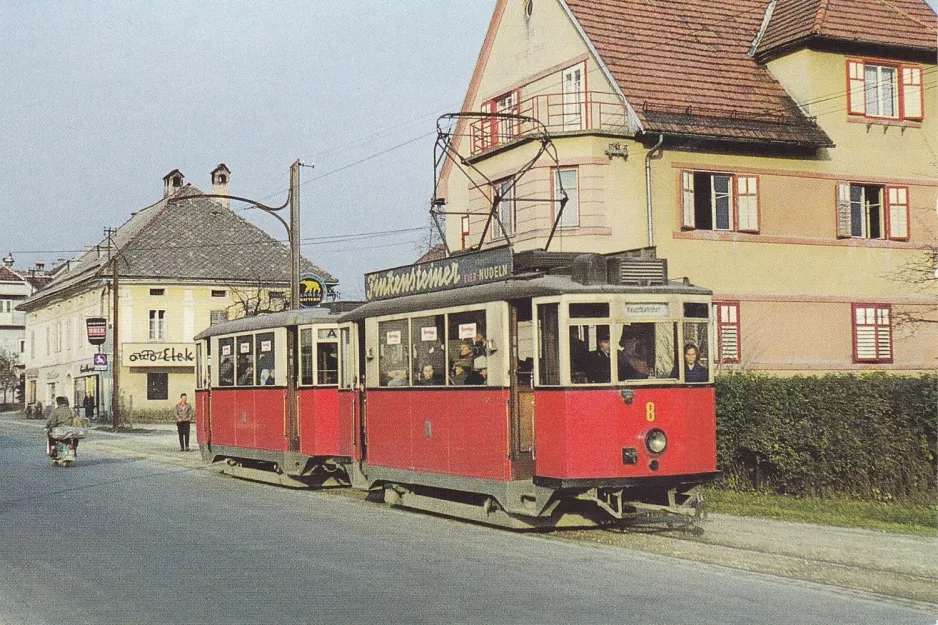 Postkarte: Klagenfurt Straßenbahnlinie A mit Triebwagen 8nah Glan Brücke (1959)