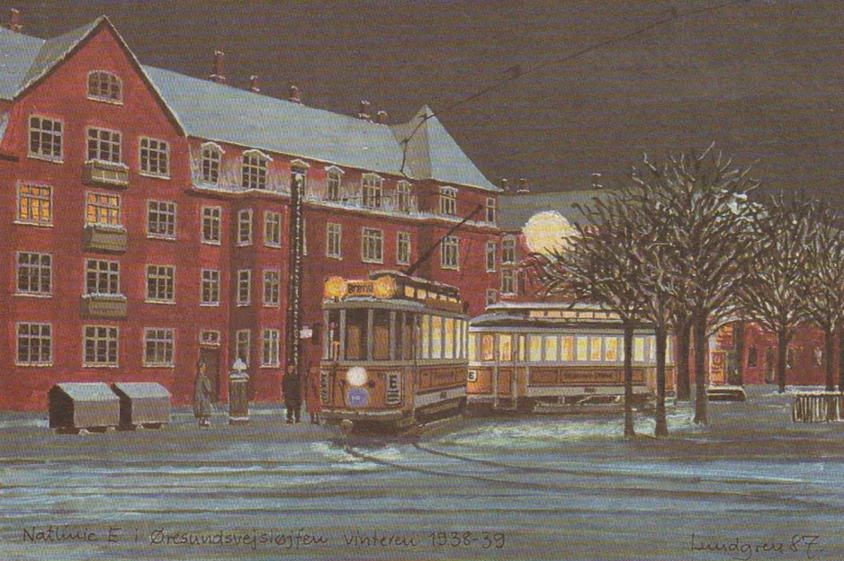 Postkarte: Kopenhagen Nachtlinie E am Øresundsvej (1938-1939)