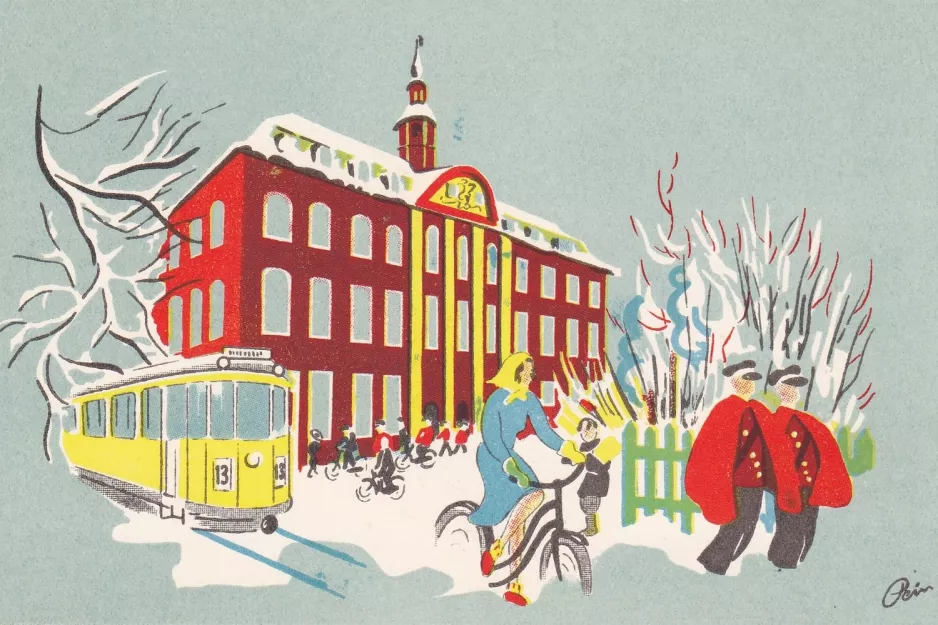 Postkarte: Kopenhagen Straßenbahnlinie 13 vor Centralpostbygningen (1948)