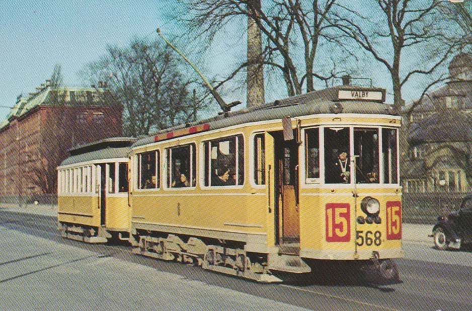 Postkarte: Kopenhagen Straßenbahnlinie 15 mit Triebwagen 568 auf Øster Farimagsgade (1955)