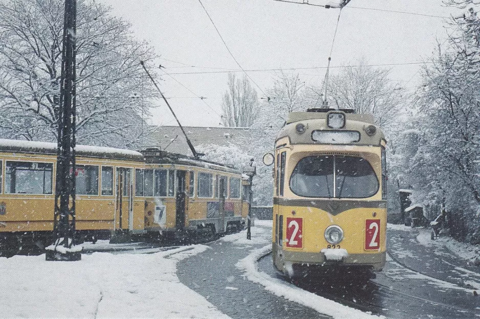 Postkarte: Kopenhagen Straßenbahnlinie 2 mit Gelenkwagen 833 am Brønshøj (1961)