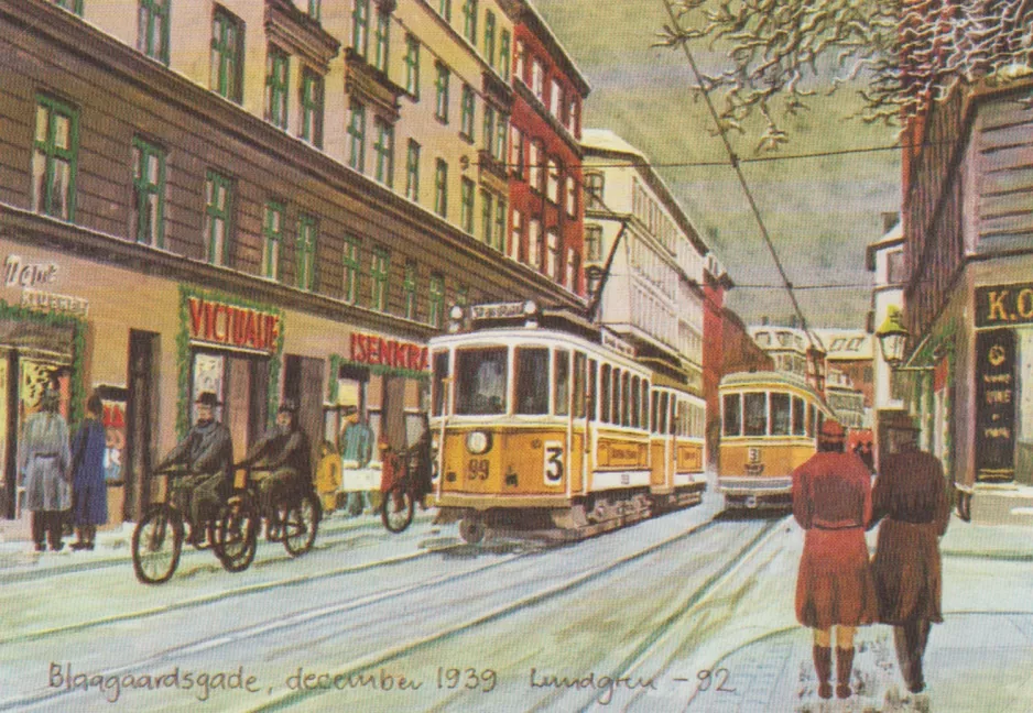 Postkarte: Kopenhagen Straßenbahnlinie 3 mit Triebwagen 99 auf Blågårds Plads (1939)