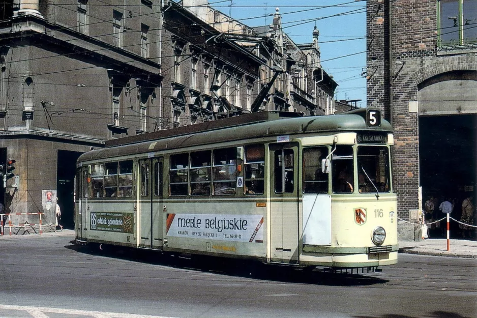 Postkarte: Krakau Straßenbahnlinie 5 mit Gelenkwagen 116 nahe bei Teatr Bagatela (1991)