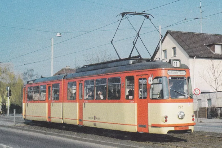Postkarte: Mainz Straßenbahnlinie 51 mit Gelenkwagen 222 auf Elbestraße (1984)