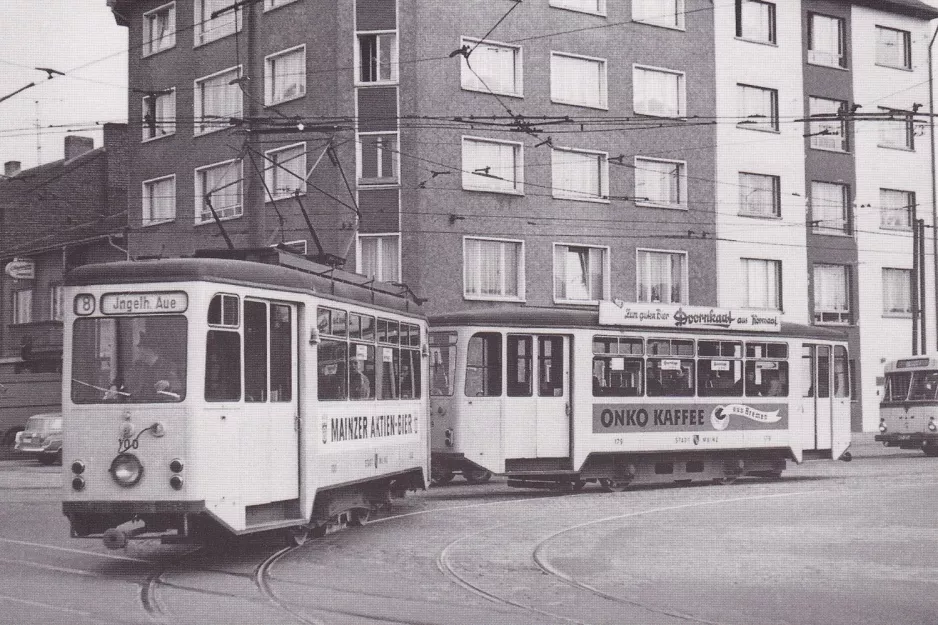 Postkarte: Mainz Straßenbahnlinie 52 mit Triebwagen 100 am Kreyßigstr. (1954)