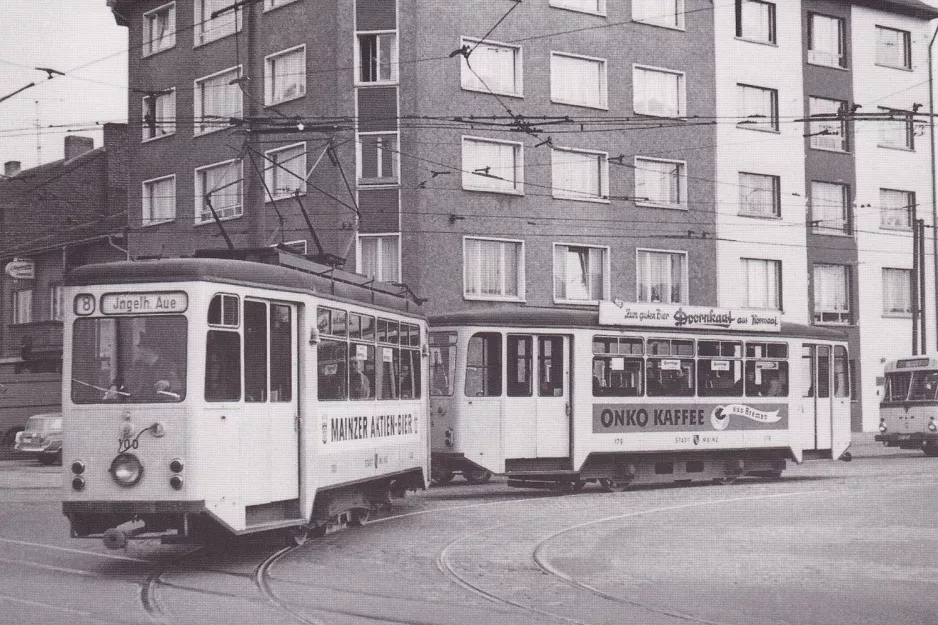 Postkarte: Mainz Straßenbahnlinie 52 mit Triebwagen 100 in der Kreuzung Kreyßigstraße/Kaiser-Karl-Ring (1954)