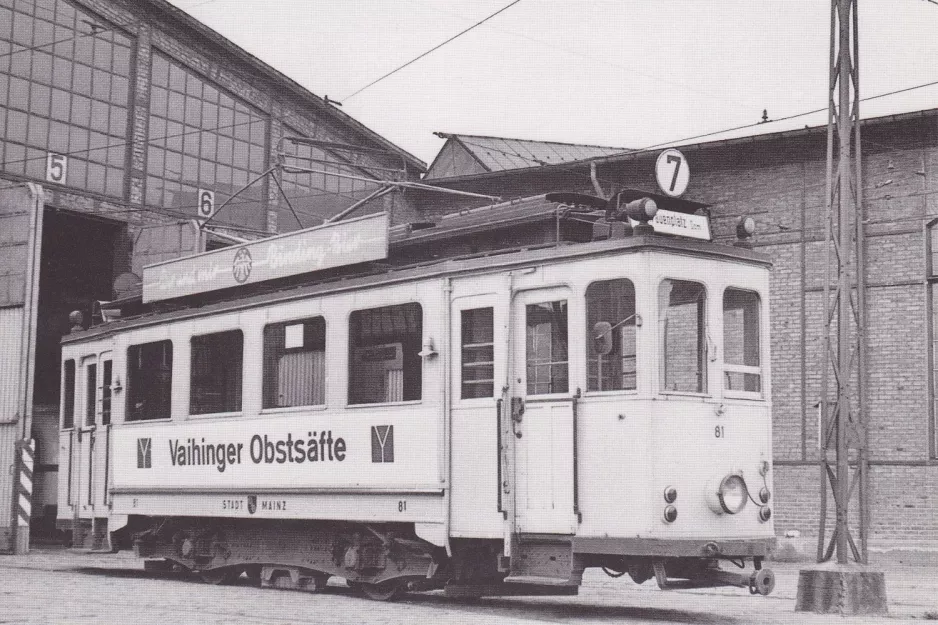 Postkarte: Mainz Triebwagen 81 am Depot Kreyßigstr. (1964)