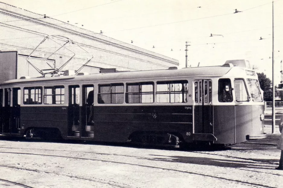 Postkarte: Malmö Triebwagen 80 vor Elspårvagnshallarna (1946)