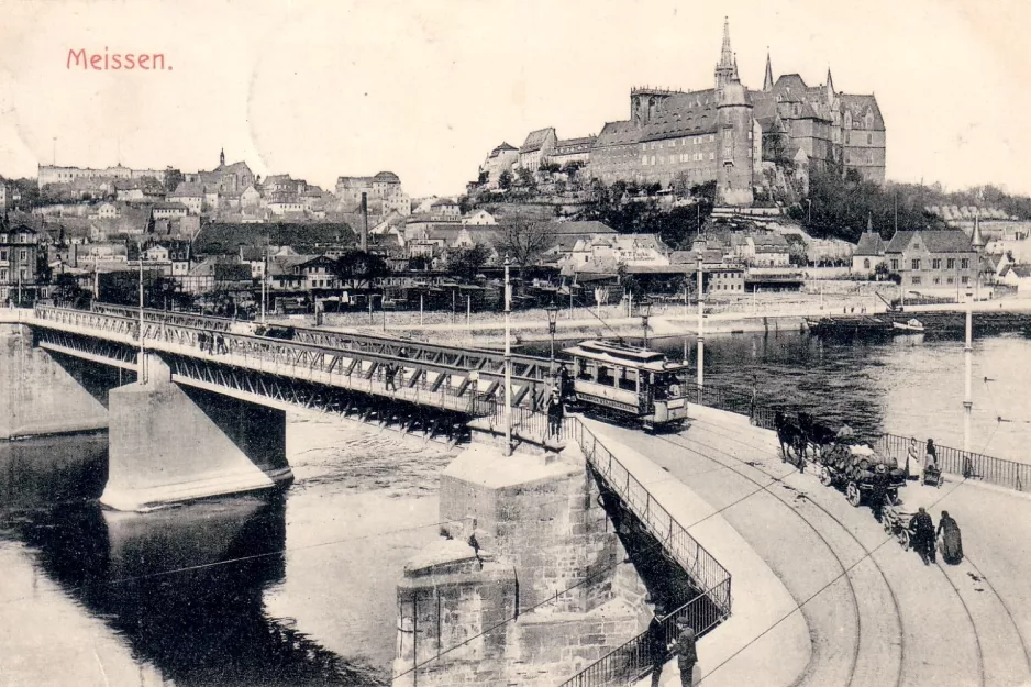 Postkarte: Meißen Straßenbahnlinie mit Triebwagen 4 auf Altstadtbrücke (1900)