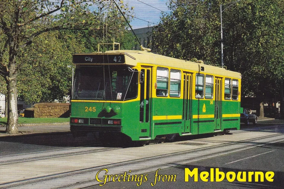 Postkarte: Melbourne Straßenbahnlinie 109) mit Triebwagen 245 auf Victoria Parade (1985)
