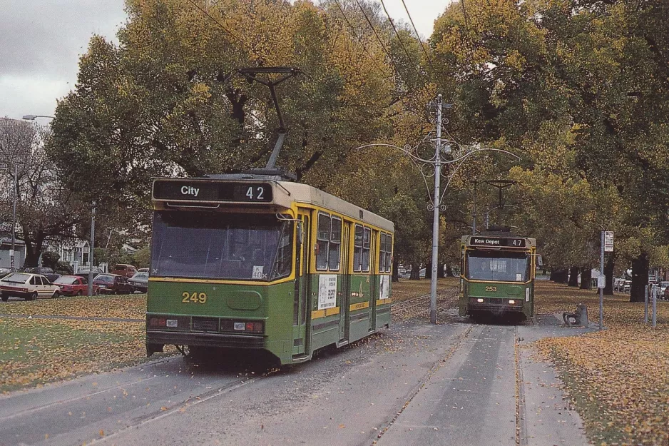 Postkarte: Melbourne Straßenbahnlinie 109) mit Triebwagen 249 auf Victoria Parade (1990)