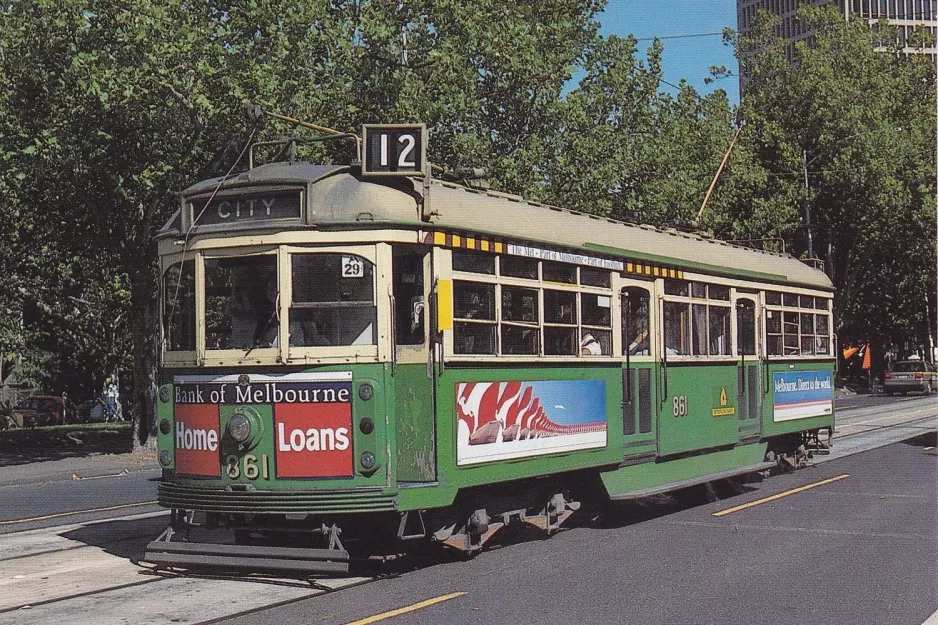 Postkarte: Melbourne Straßenbahnlinie 12 mit Triebwagen 861 am Parliament / Macarthur St (1995)