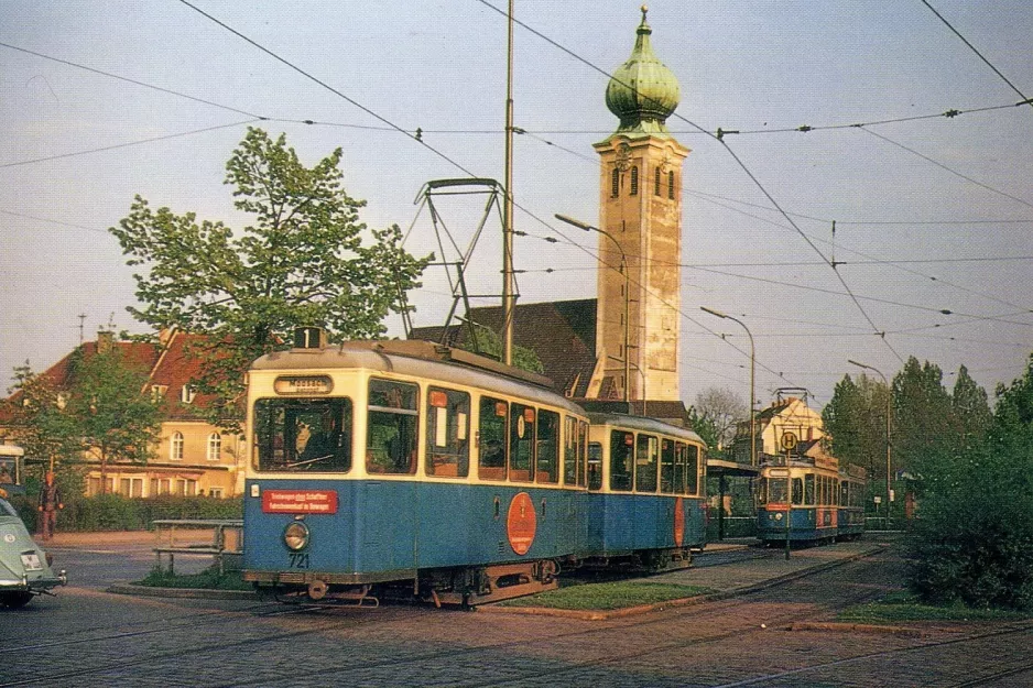 Postkarte: München Straßenbahnlinie 1 mit Triebwagen 721 am Ramersdorf (1972)