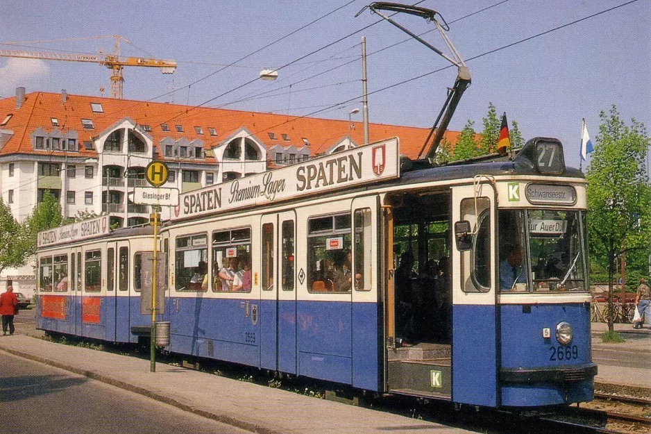 Postkarte: München Straßenbahnlinie 27 mit Triebwagen 2669 am Giesinger Bahnhof (1966)