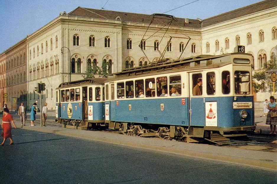 Postkarte: München Zusätzliche Linie E6 mit Triebwagen 673 am Universität (1961)