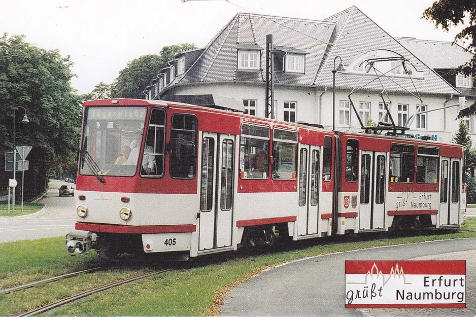 Postkarte: Naumburg (Saale) Touristenbahn 4 mit Gelenkwagen 405 auf Vogelwiese (2002)