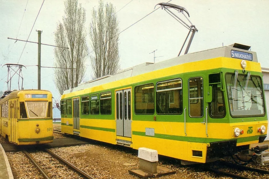 Postkarte: Neuchâtel Regionallinie 215 mit Gelenkwagen 591 am Champ-Bougin (1981)