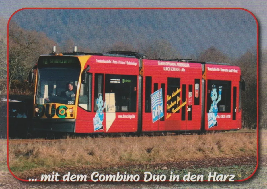 Postkarte: Nordhausen Regionallinie 10 mit Niederflurgelenkwagen 202 nahe bei Niedersachswerfen (2004)