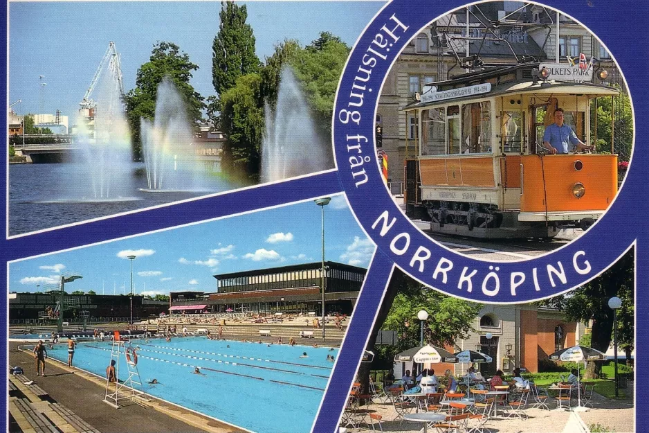 Postkarte: Norrköping Museumslinie 1 mit Triebwagen 1 auf Drottninggatan (1985)