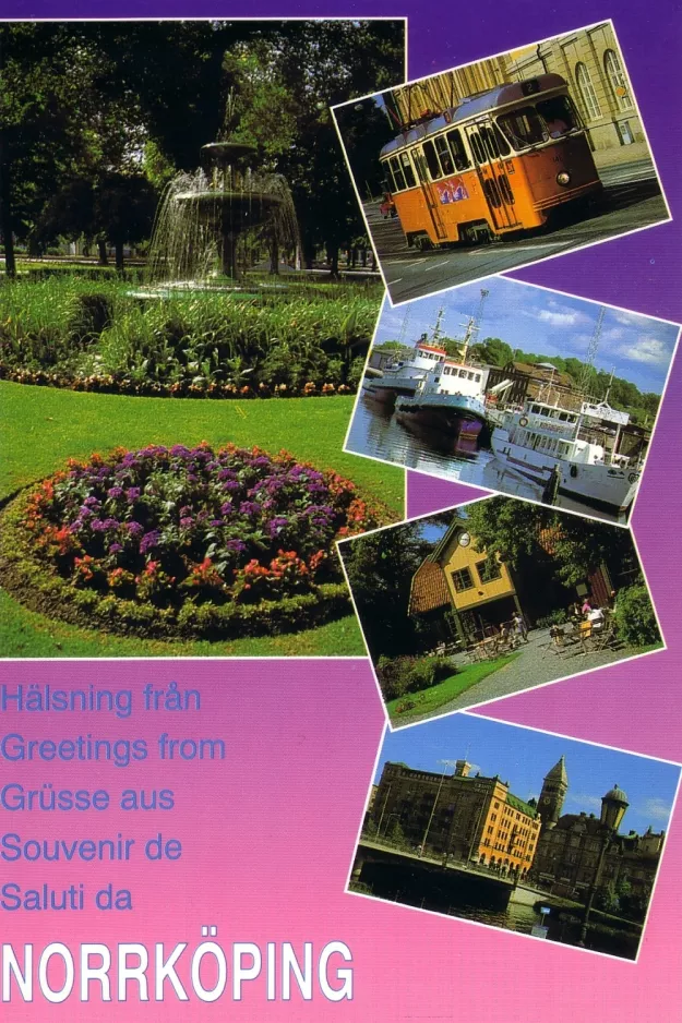 Postkarte: Norrköping Straßenbahnlinie 2 mit Triebwagen 141 auf Drottninggatan (1990)