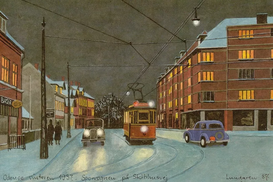 Postkarte: Odense Skibhuslinie mit Triebwagen 12 auf Skibhusvej (1937)