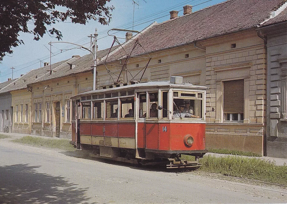 Postkarte: Osijek Straßenbahnlinie 2 mit Triebwagen 14 auf Europska avenija (1970)