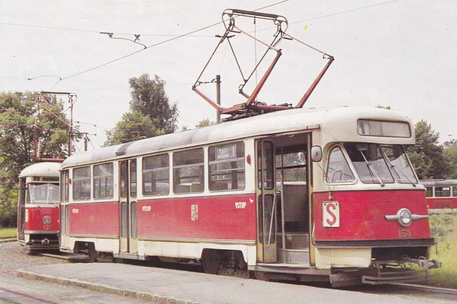 Postkarte: Plzeň Straßenbahnlinie 1 mit Triebwagen 154 am Bory (1979)