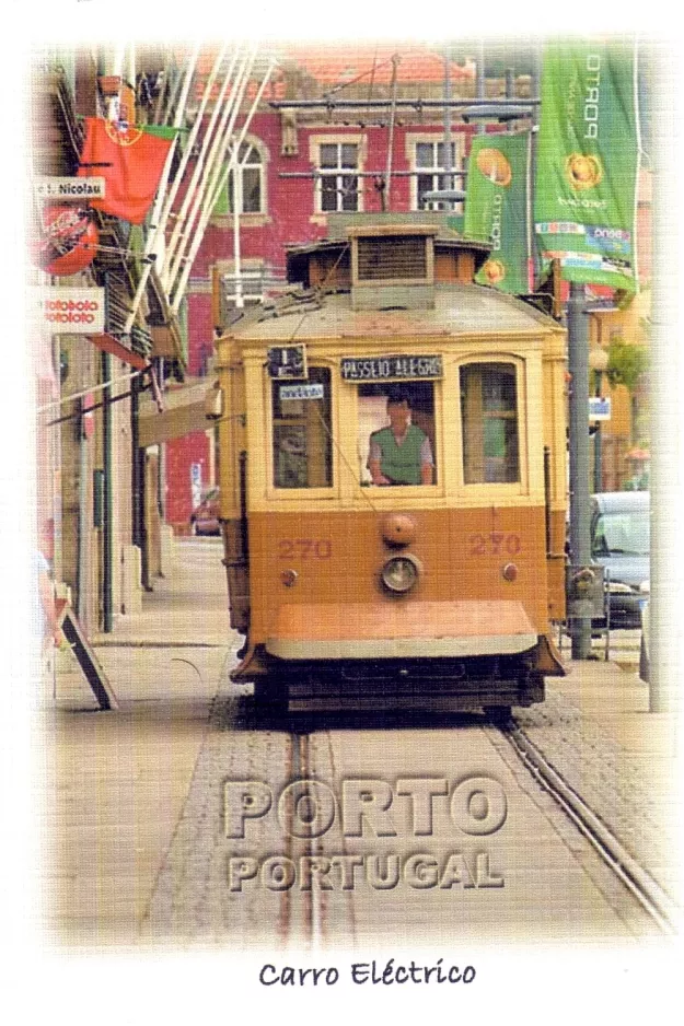 Postkarte: Porto Straßenbahnlinie 1 mit Triebwagen 270 auf Porto Portugal, Carro Eléctríco. R. Nova da Alfândega (2007)
