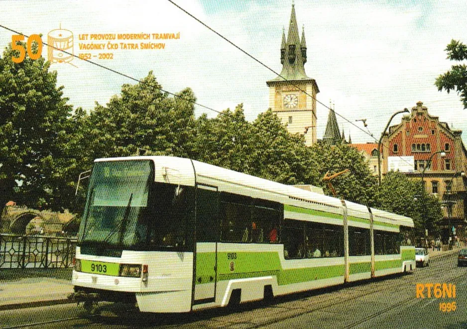 Postkarte: Prag Straßenbahnlinie 18 mit Niederflurgelenkwagen 9103 am Karlovy lázĕ (1996)