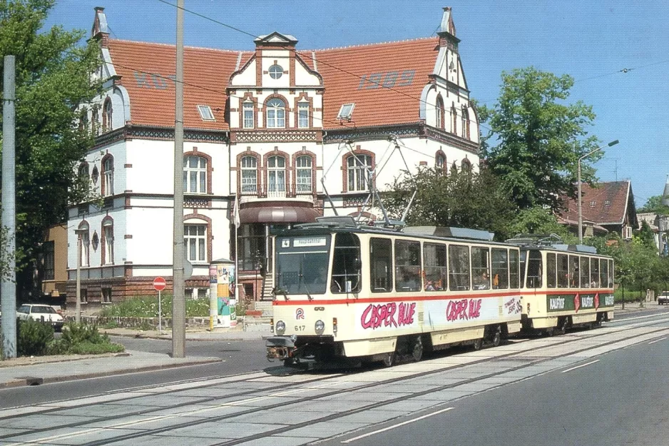 Postkarte: Rostock Zusätzliche Linie 4 mit Triebwagen 617 auf Wilhelm-Külz-Platz (1991)