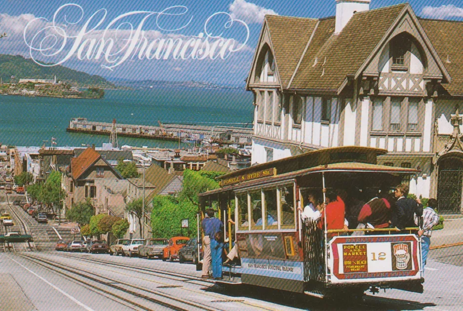 Postkarte: San Francisco Kabelstraßenbahn Powell-Hyde mit Kabelstraßenbahn 12 am Hyde & Chestnut (1988)