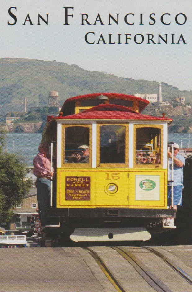 Postkarte: San Francisco Kabelstraßenbahn Powell-Mason mit Kabelstraßenbahn 15 auf Hyde Street (1979)