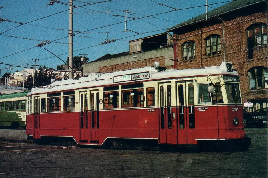 Postkarte: San Francisco Triebwagen 3557 am Depot United Railroads Geneva Carhouse (1989)