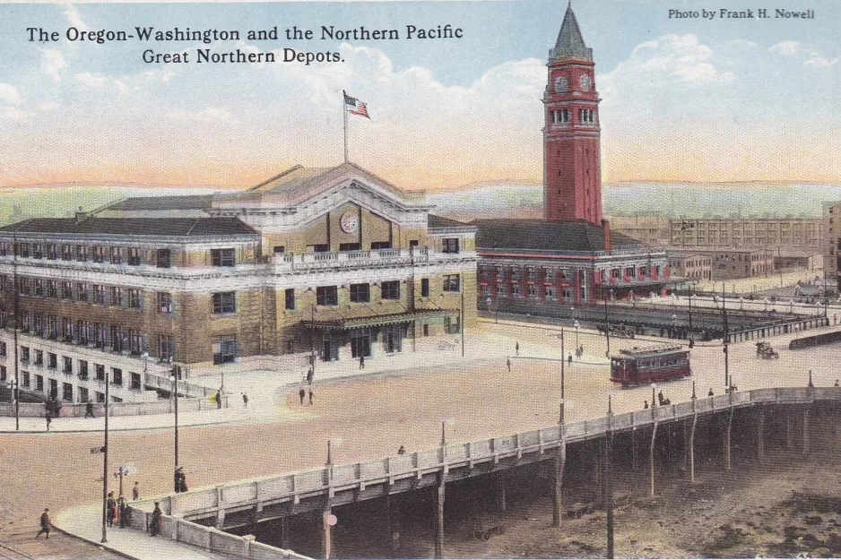 Postkarte: Seattle nahe bei the Northern Pacific Great Northern Depots (1889)
