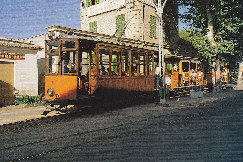 Postkarte: Sóller Straßenbahnlinie mit Triebwagen 2 am Port de Sóller (1970)