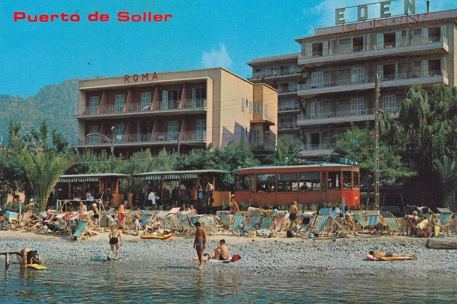 Postkarte: Sóller Straßenbahnlinie mit Triebwagen 2 auf Carrer de la Marina (1963)