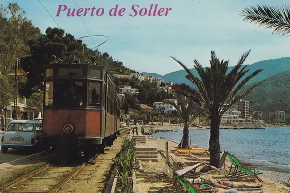 Postkarte: Sóller Straßenbahnlinie mit Triebwagen 2 im Puerto de Soller (1963)