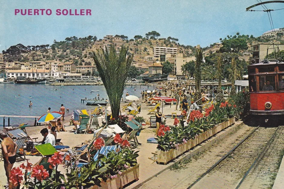 Postkarte: Sóller Straßenbahnlinie mit Triebwagen 2 im Puerto Soller (1965)