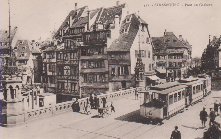 Postkarte: Straßburg Straßenbahnlinie 6 mit Beiwagen 57 auf Pont du Corbeau (1909)